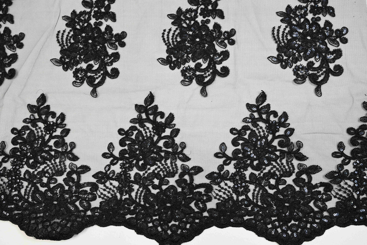 Camilla Embroidery Polyester Fabric - Flower Embroidery With Sequins, Sheer Bridal Lace, 52" Width (1 Yard)