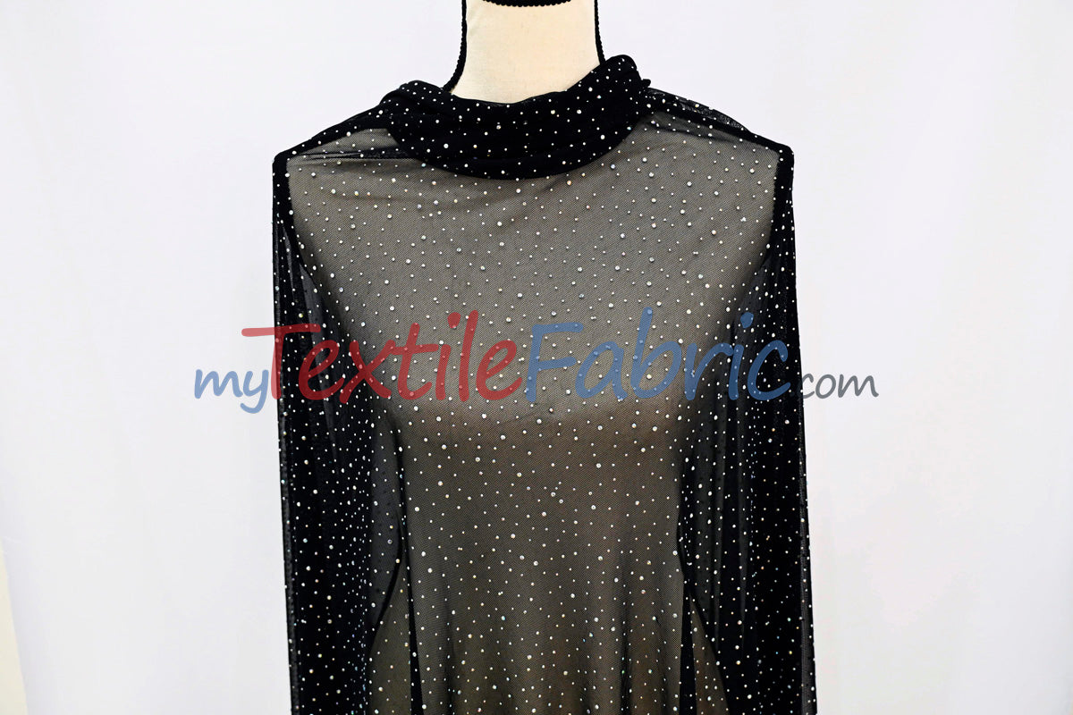 Rhinestone Stretch Power Mesh Fabric - Iridescent AB Crystal Embellished, 58" Width (1 Yard)