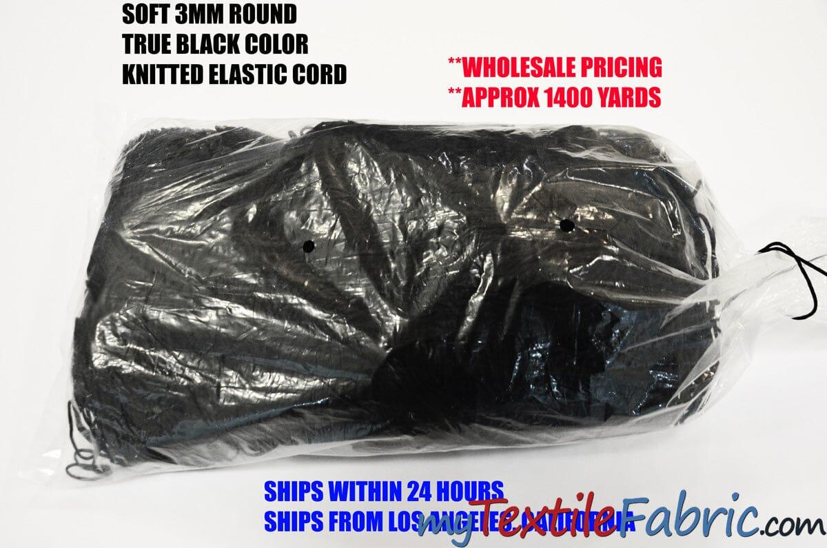 Black 3Mm Round Knitted Elastic Cord - Nylon Spandex Fabric, Black Solid, 3Mm Width (1400 Yards)