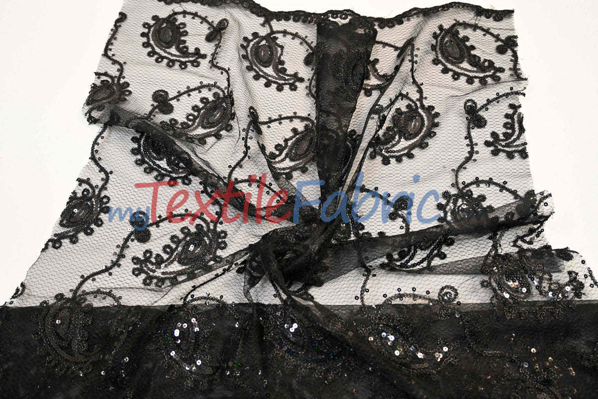 Coco Paisley Polyester Fabric - Sheer Embroidered Paisley, Double Scallop Lace, 52" Width (1 Yard)