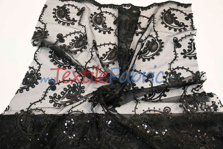 Coco Paisley Polyester Fabric - Sheer Embroidered Paisley, Double Scallop Lace, 52" Width (1 Yard)