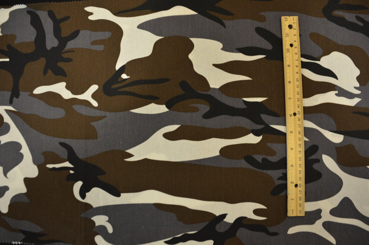 Grey Camouflage 100 Percent Cotton Fabric - Grey Brown Black Ivory Camouflage Print, 58/60" Width (1 Yard)