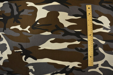 Grey Camouflage 100 Percent Cotton Fabric - Grey Brown Black Ivory Camouflage Print, 58/60" Width (1 Yard)