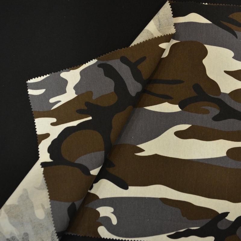 Grey Camouflage 100 Percent Cotton Fabric - Grey Brown Black Ivory Camouflage Print, 58/60" Width (1 Yard)