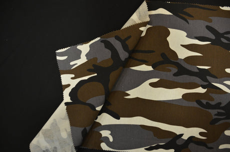 Grey Camouflage 100 Percent Cotton Fabric - Grey Brown Black Ivory Camouflage Print, 58/60" Width (1 Yard)