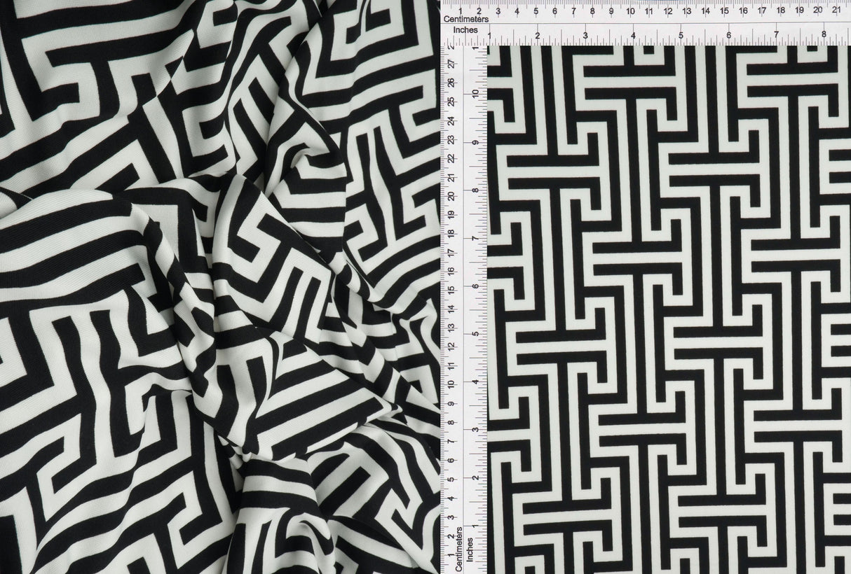 Geometric DTY Stretch Knit Fabric Black White