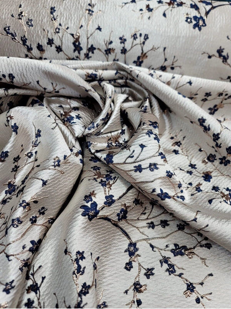 Brocade Jacquard Navy Blue Metallic Rose Gold Floral