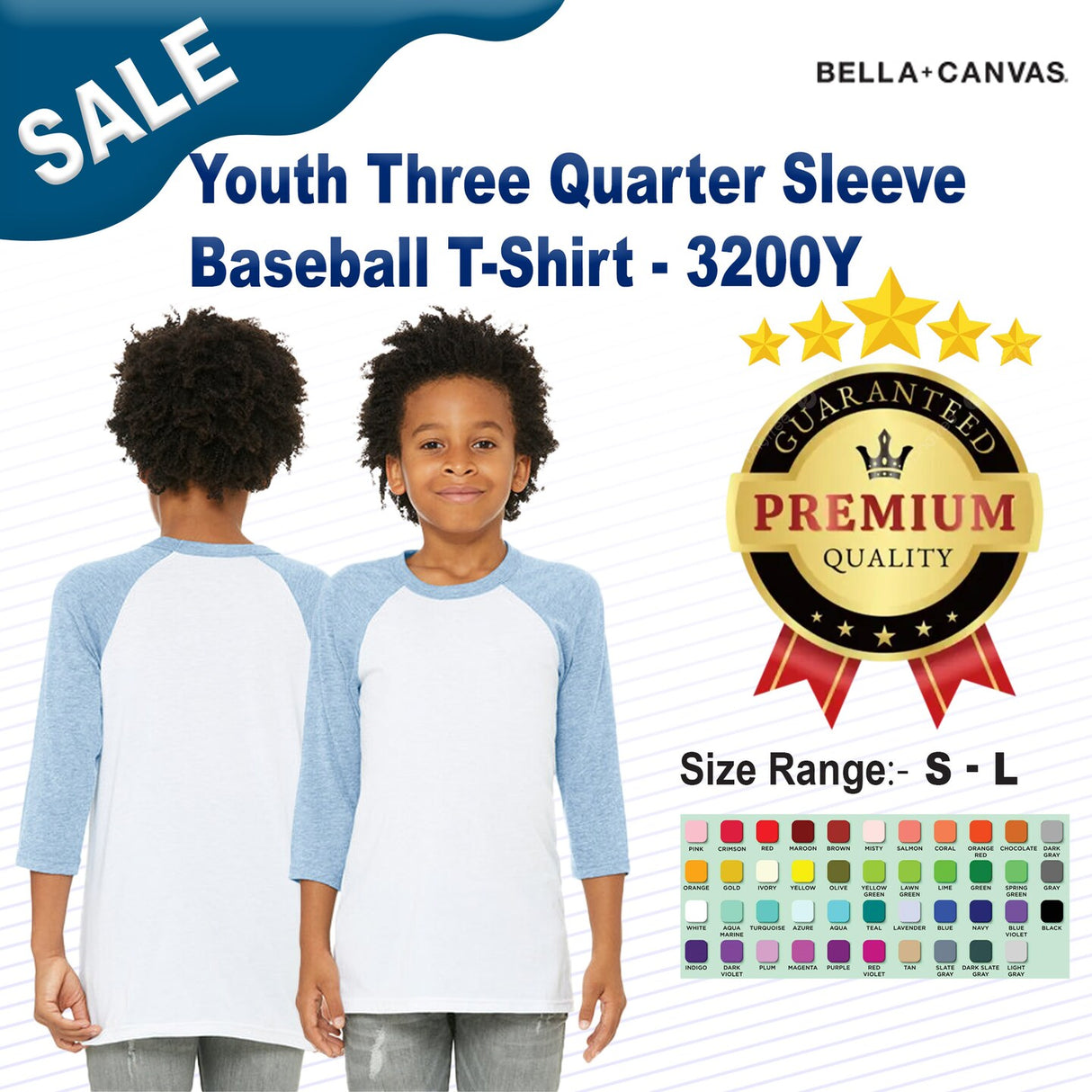Bella + Canvas® Youth Three-Quarter Sleeve Baseball T-Shirt - 3200Y
