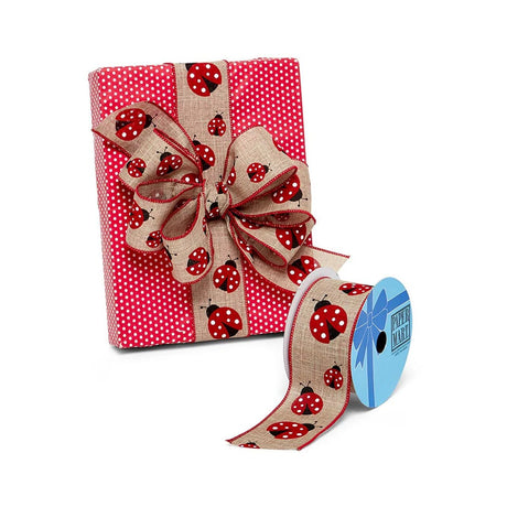 Ladybug Themed Natural Wired Ribbon 2.5" Width 10 Yards of Fun