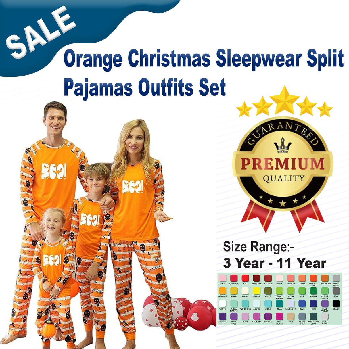 Orange Christmas Sleepwear Split Pajamas Outfits Set