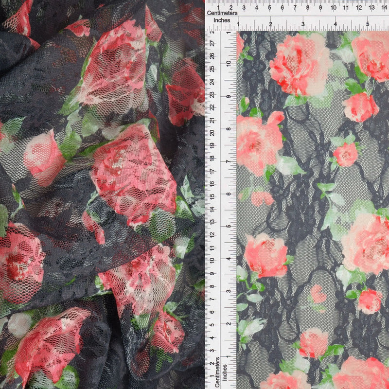 1 Yard  Floral Lace Print Fabric 92% Polyester 8% Spandex Soft Stretch 56/58 Inches Wide
