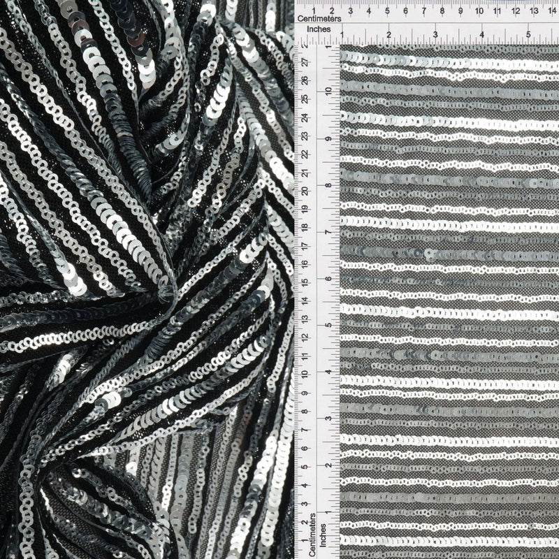 1 Yard Black & Silver Embroidered Knit Fabric Stretch Polyester Blend 50/57 Inches Wide