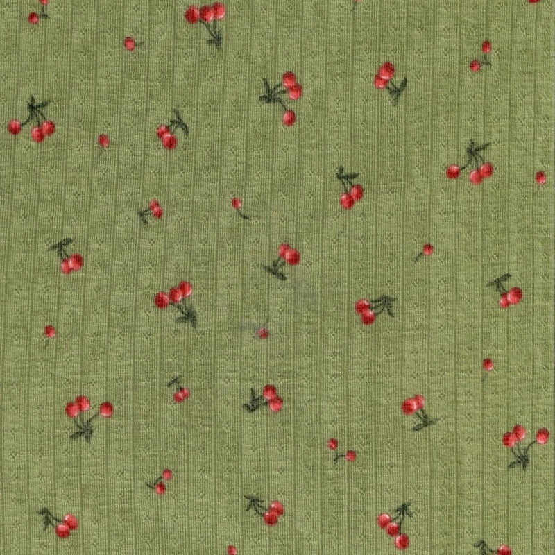 1 Yard Cotton-Style Cherry Pointelle Print Knit Fabric, 61/63'' Wide Polyester Spandex Blend