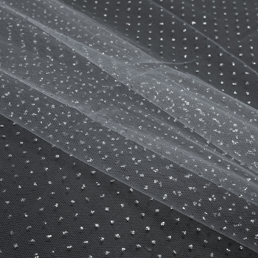 Glitter Tulle - Metallic Silver on White