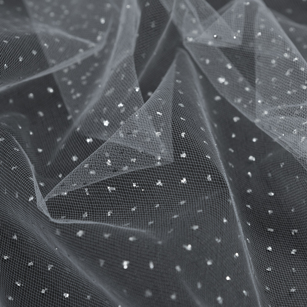 Glitter Tulle - Metallic Silver on White