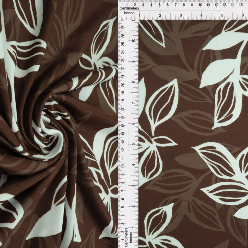 Leaf Print Brushed DTY Knit Fabric Brown