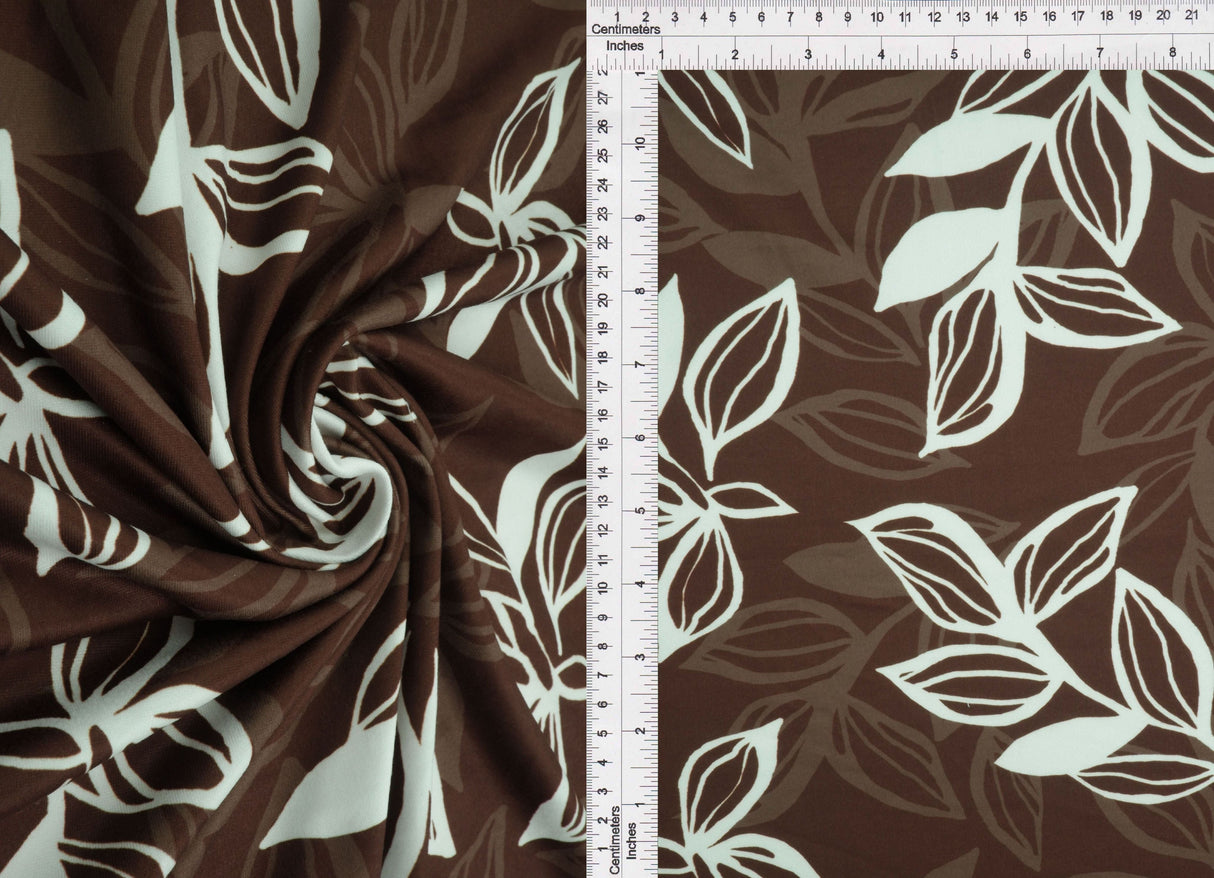 Leaf Print Brushed DTY Knit Fabric Brown