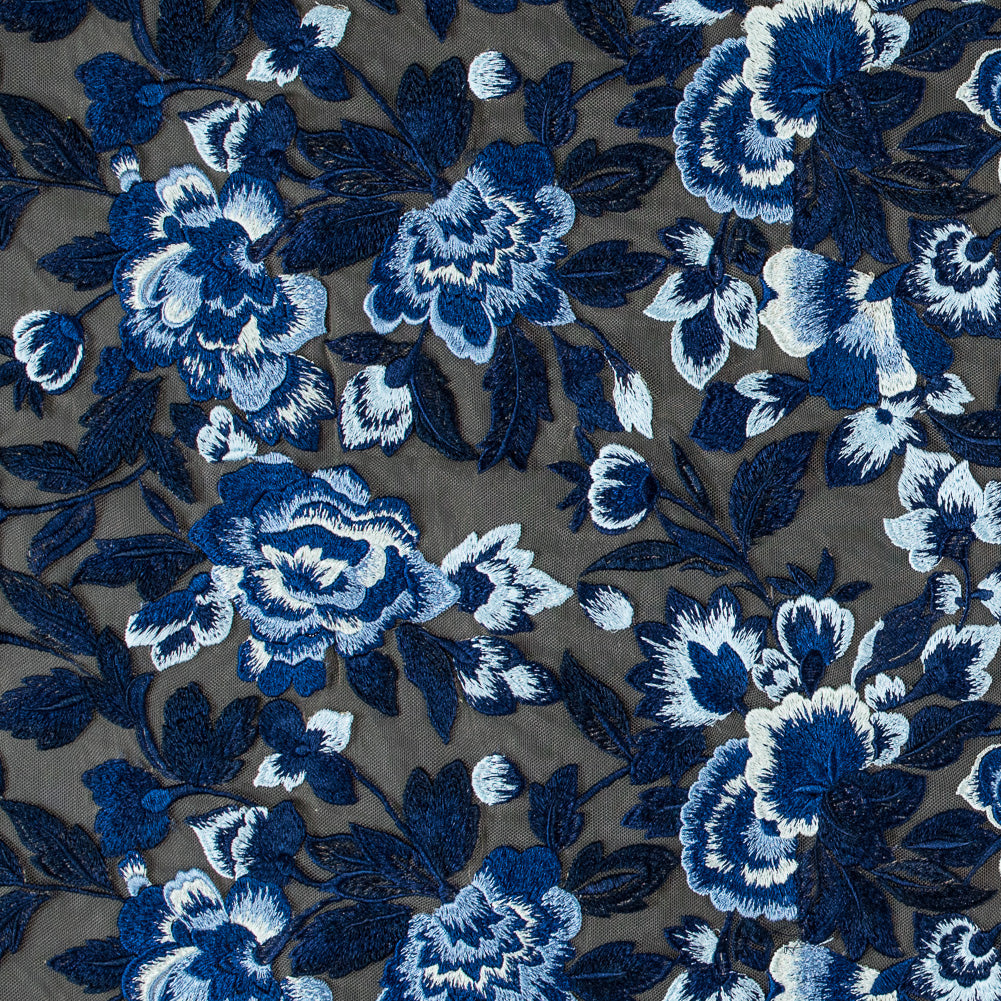 Royal Blue and Sea Foam Novelty Floral Embroidered Mesh