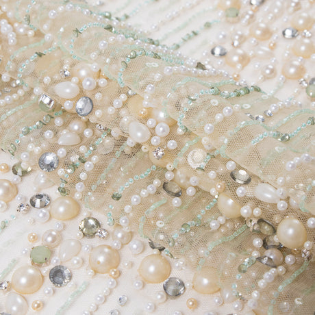 Fancy Beaded Tulle - Champagne and Mint