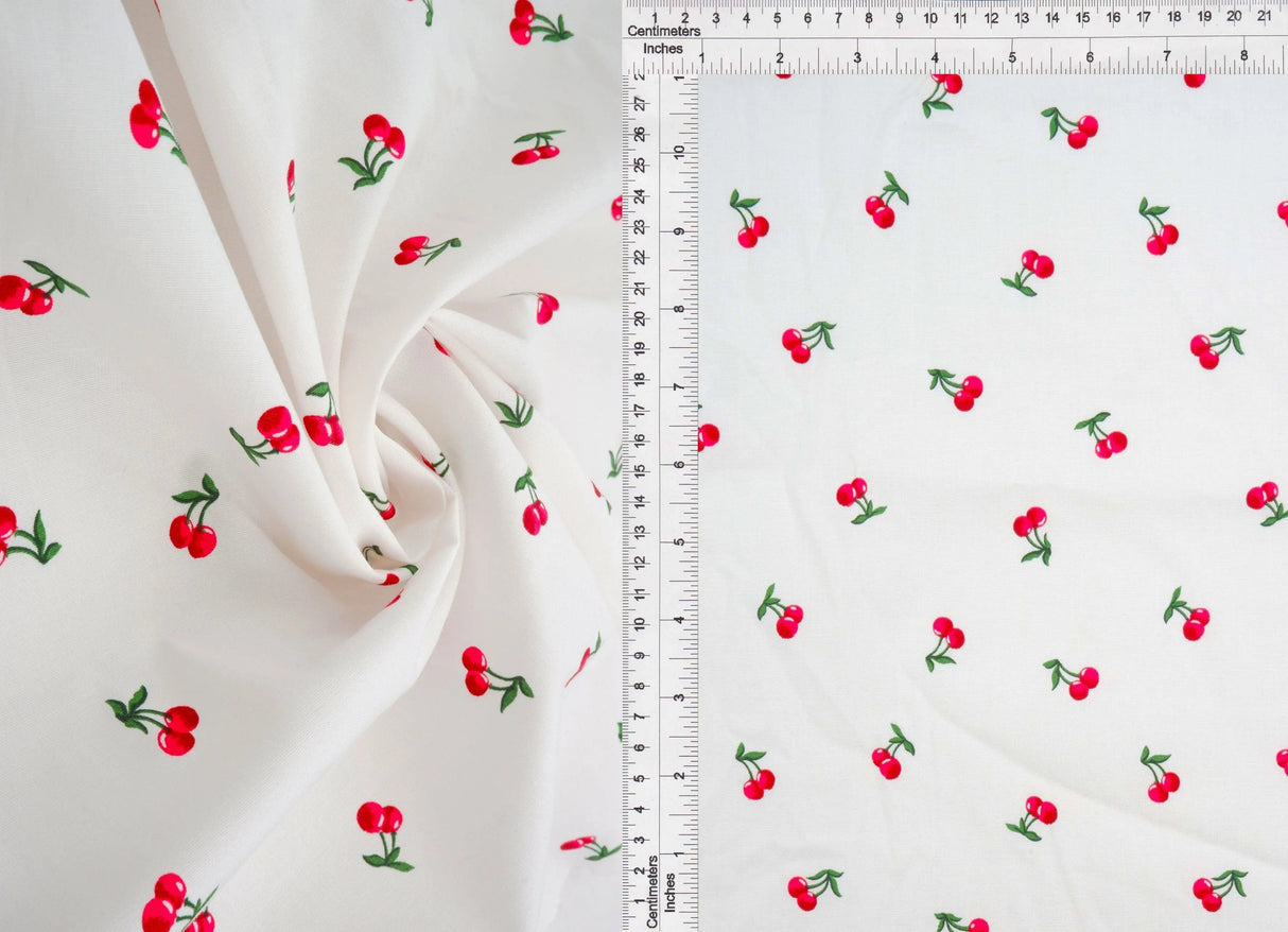 Stretch Poplin Cherry Print Fabric, Cotton Spandex Woven 57/58" Wide