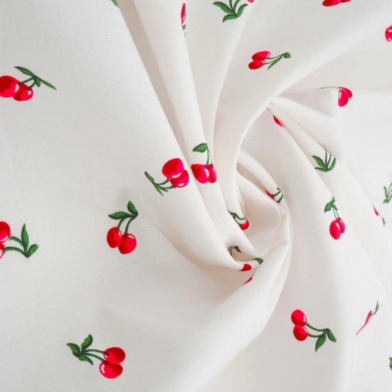Stretch Poplin Cherry Print Fabric, Cotton Spandex Woven 57/58" Wide