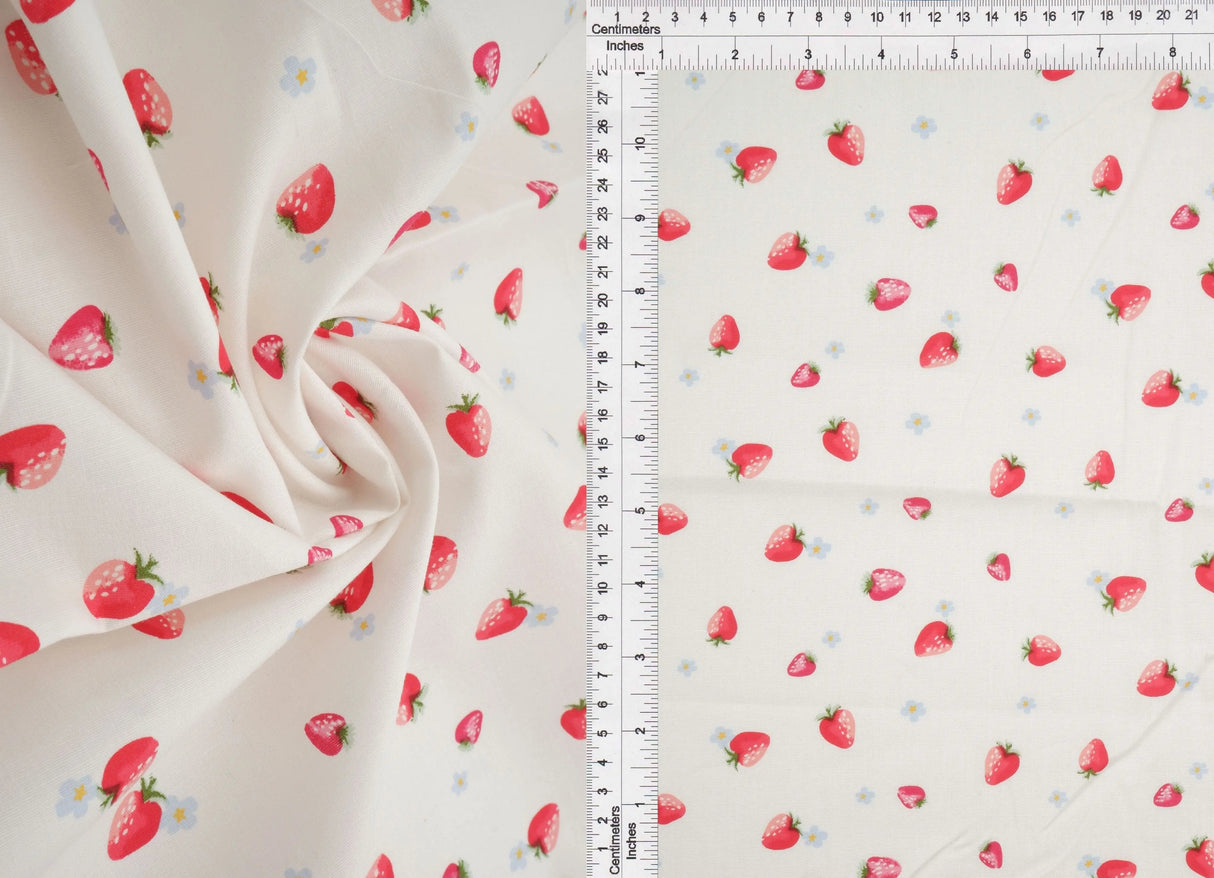1 Yard Stretch Poplin Strawberry Print Fabric, 57/58? Wide Cotton Spandex Blend