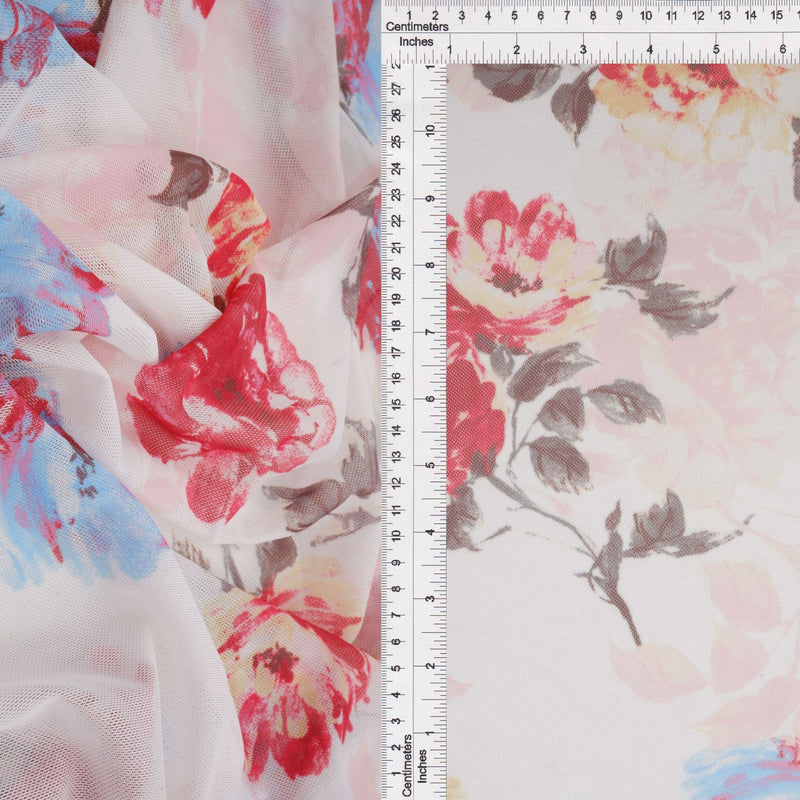 Floral Printed Mesh Fabric Ivory Blue
