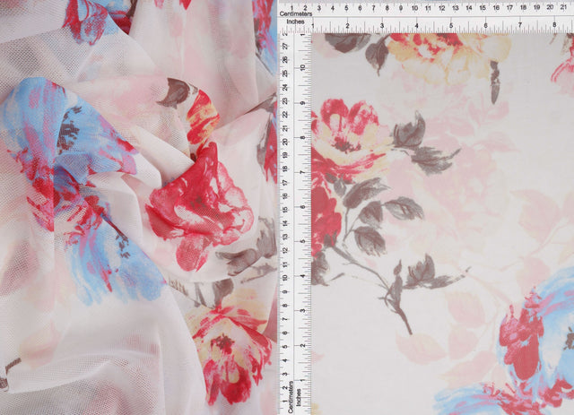 Floral Printed Mesh Fabric Ivory Blue