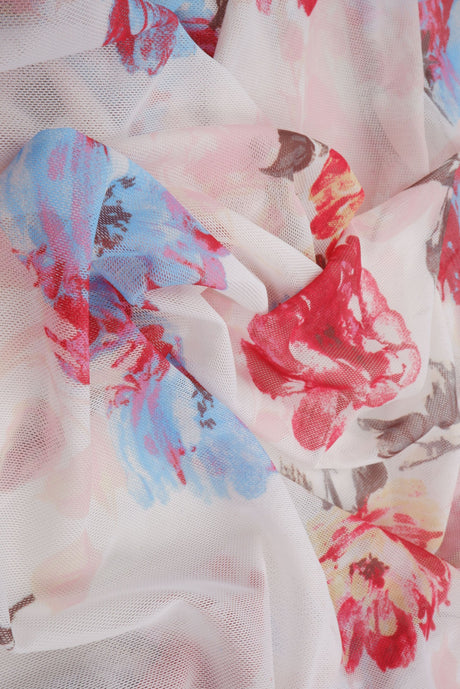 Floral Printed Mesh Fabric Ivory Blue