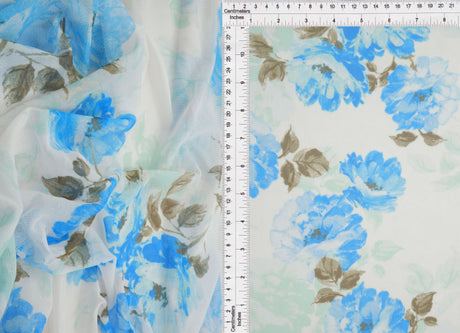 Floral Printed Mesh Fabric Ivory Blue