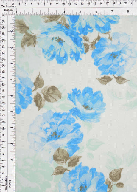 Floral Printed Mesh Fabric Ivory Blue