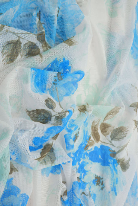 Floral Printed Mesh Fabric Ivory Blue