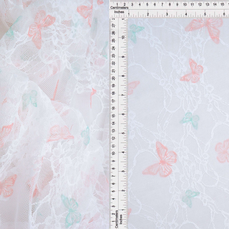 Butterfly Print Lace Fabric Ivory Peach