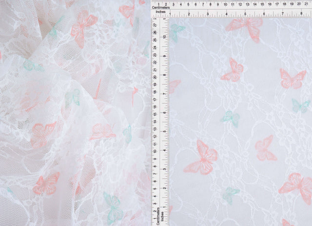Butterfly Print Lace Fabric Ivory Peach
