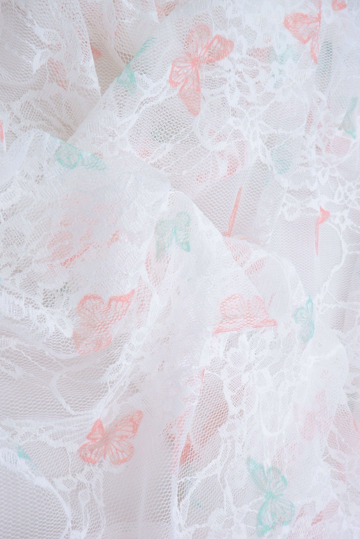 Butterfly Print Lace Fabric Ivory Peach