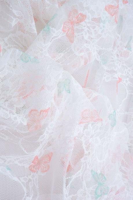 Butterfly Print Lace Fabric Ivory Peach