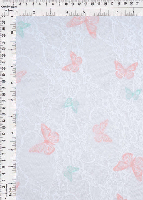 Butterfly Print Lace Fabric Ivory Peach