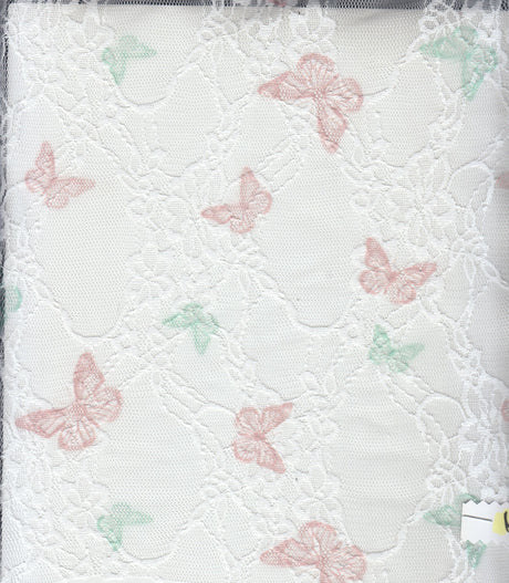 Butterfly Print Lace Fabric Ivory Peach