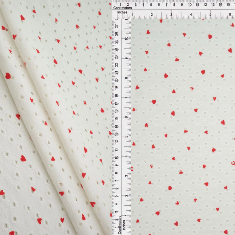 1 Yard Jacquard Eyelet Heart Knit Fabric 190 GSM, 58/60? Wide Polyester Spandex Blend Ivory/Red