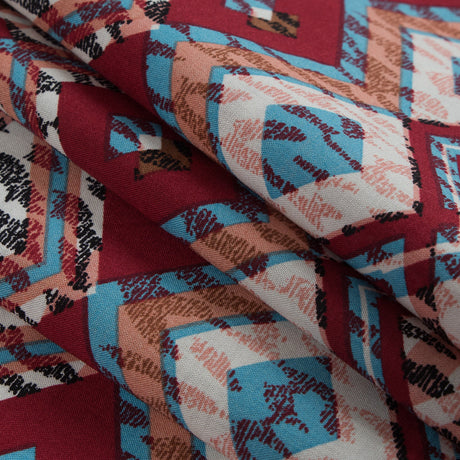 Cotton Voile - Red, Blue and Peach Geometric Over Abstract