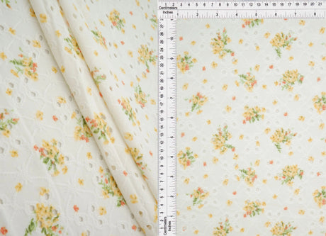 1 Yard Yellow DTY Knit Jacquard Eyelet Ditsy Print Fabric Stretch Polyester Spandex 58/60 Inches Wide