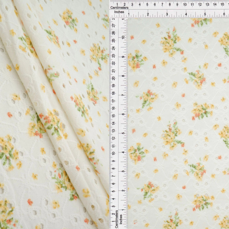1 Yard Soft Stretch Yellow DTY Knit Jacquard Eyelet Ditsy Print Fabric 58/60 Inches Wide