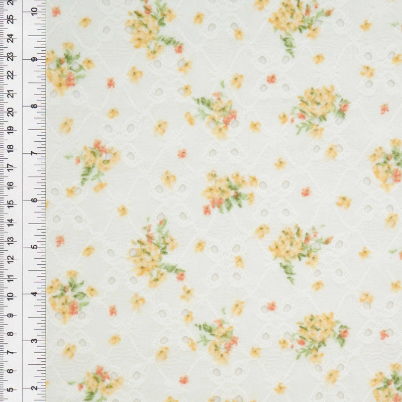 1 Yard Yellow DTY Knit Jacquard Eyelet Ditsy Print Fabric Stretch Polyester Spandex 58/60 Inches Wide
