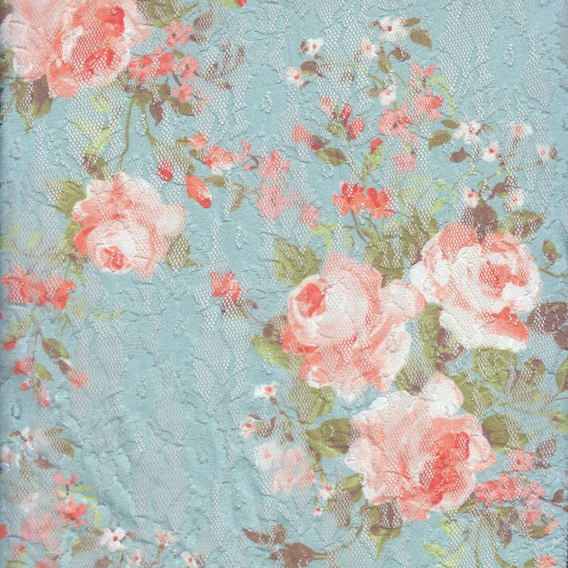 1 Yard  Digital Floral Lace Print Fabric 92% Polyester 8% Spandex Soft Stretch 58/60 Inches Wide
