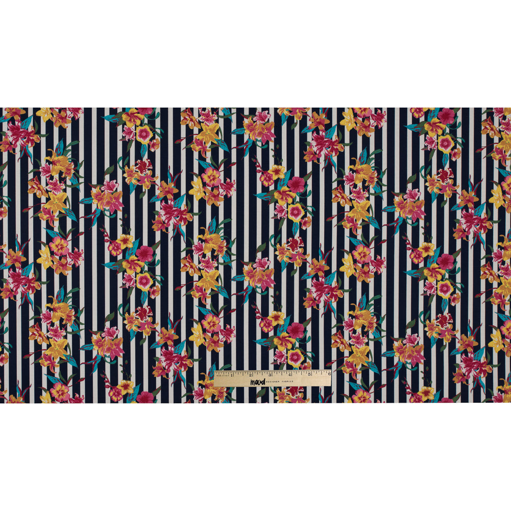 Navy/Multicolored Striped Floral Cotton Poplin