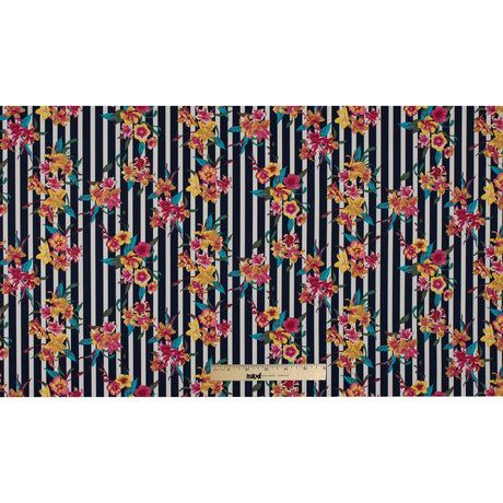 Navy/Multicolored Striped Floral Cotton Poplin