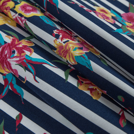 Navy/Multicolored Striped Floral Cotton Poplin