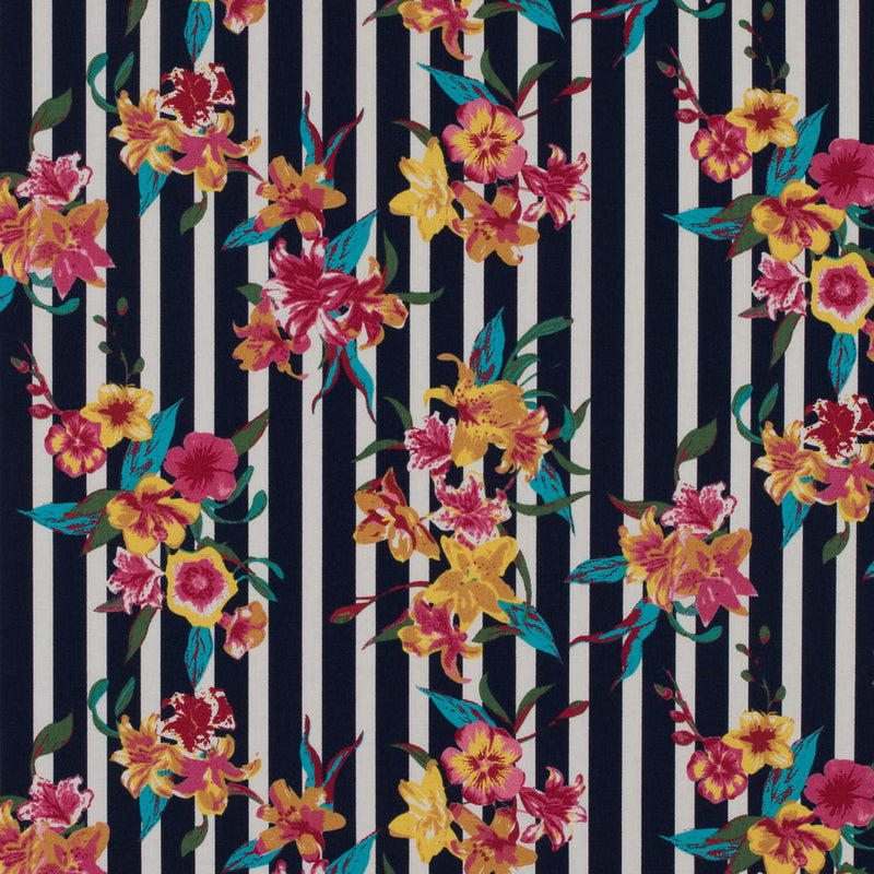 Navy/Multicolored Striped Floral Cotton Poplin