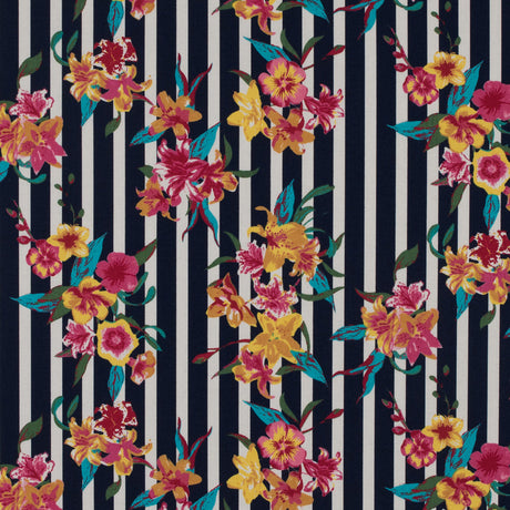Navy/Multicolored Striped Floral Cotton Poplin
