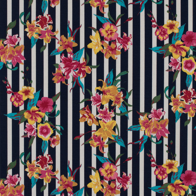 Navy/Multicolored Striped Floral Cotton Poplin